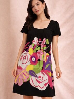 ECI New York Floral Mini Dress Black Bright Print Shift Party Cute 12